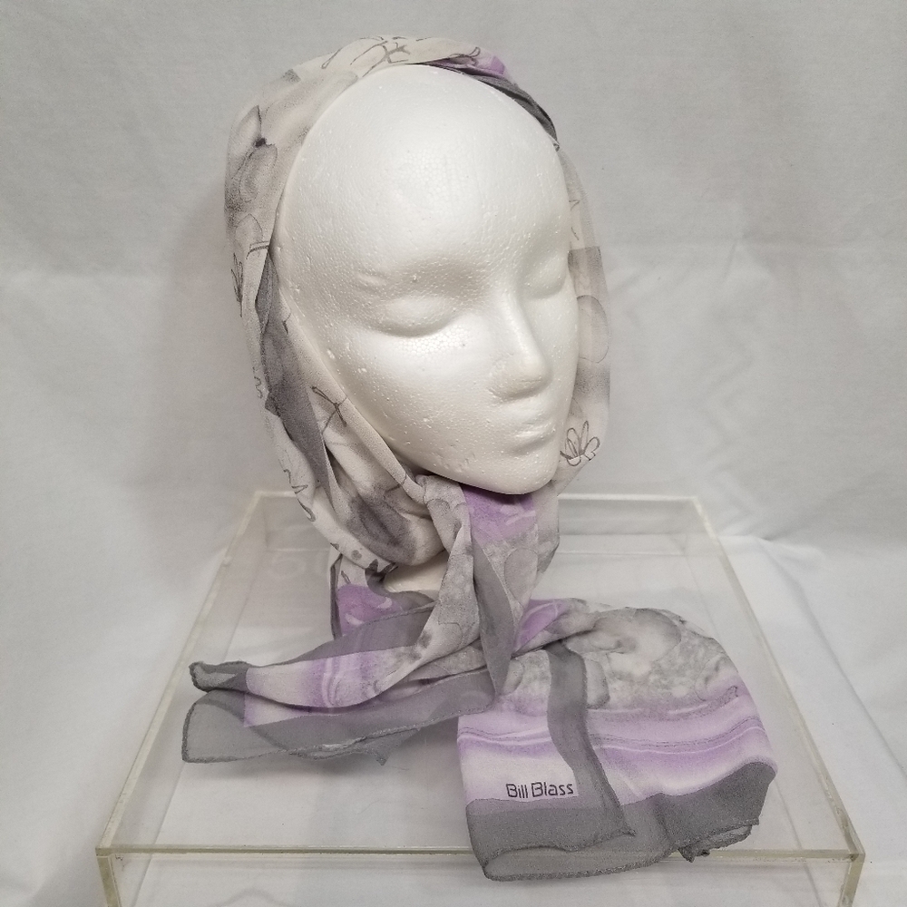 Bill Blass Gray Lavender Floral Print Chiffon VTG Women's Rectangle Scarf Sheer